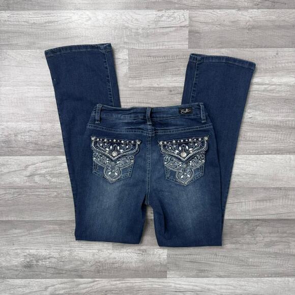 Cyber Y2K Bling Pocket Pocket Slim Bootcut Jeans Mid Rise Size 6 - Picture 1 of 6